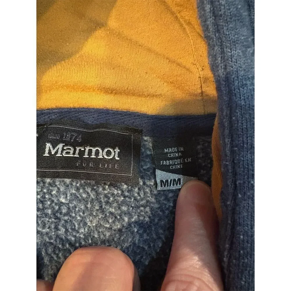 Marmot Men's Medium Blue Pullover Hoodie Fleece Lined Kangaroo Pocket